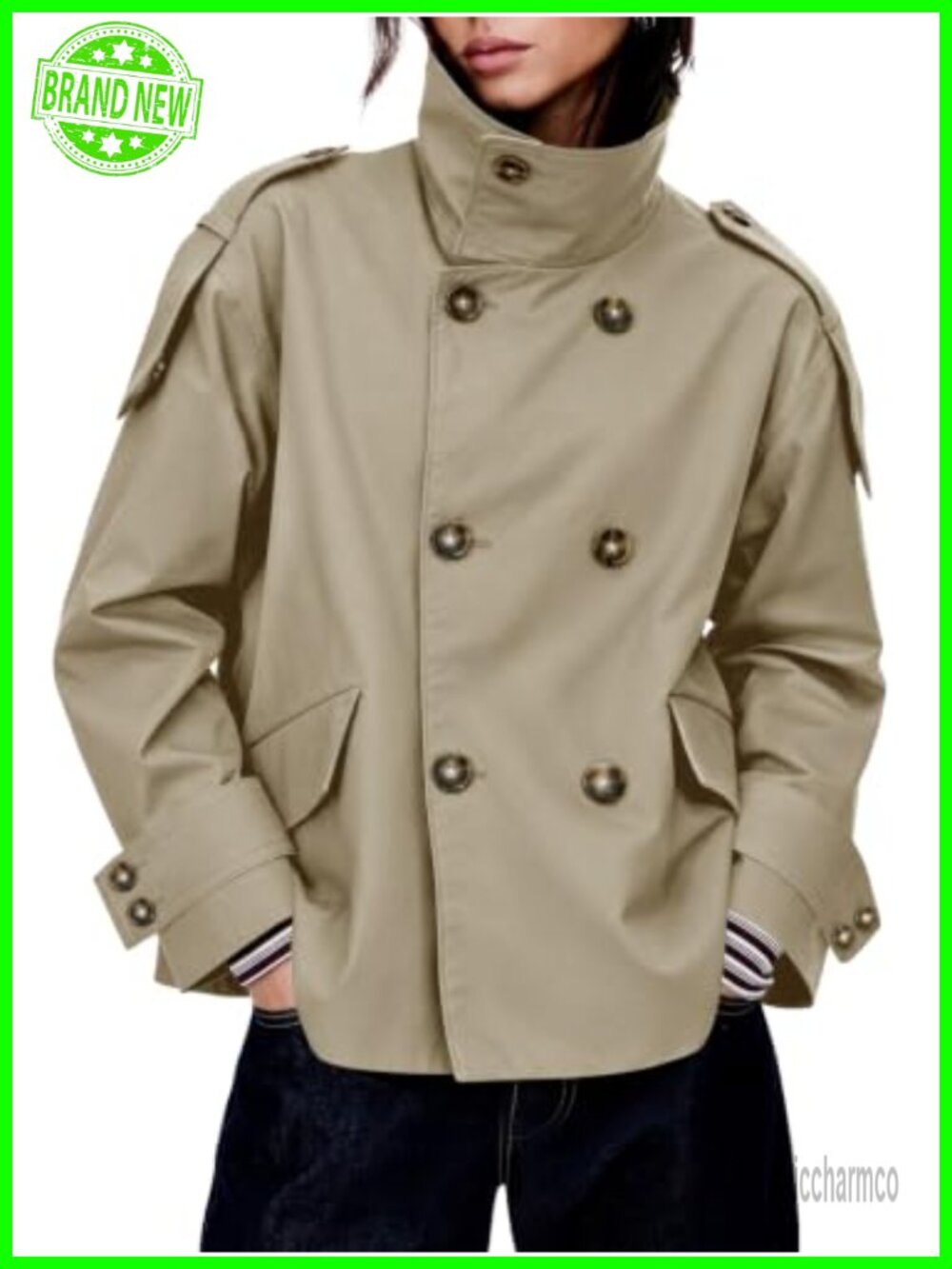 Cropped Trench Coat Oversized Double Breasted Casual Jacket